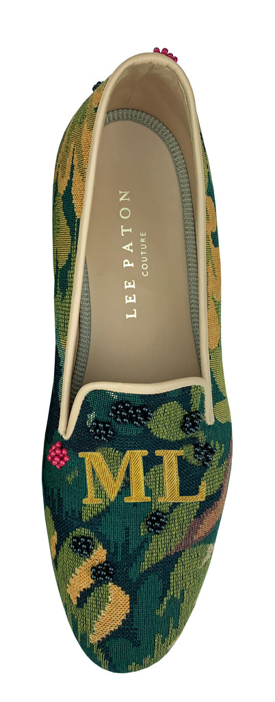 Finely crafted Lee Paton Bespoke Couture Women's verdure tapestry British slipper, handmade in England. Classic and historic, beautifully finished using couture hand-embroidery techniques in Swarovski crystal pearls. Monogrammed slippers available.