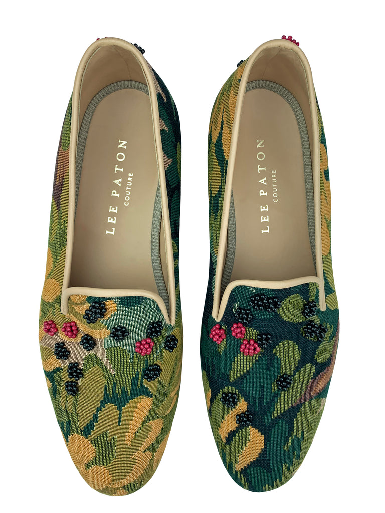 Finely crafted Lee Paton Bespoke Couture Women's verdure tapestry British slipper, handmade in England. Classic and historic, beautifully finished using couture hand-embroidery techniques in Swarovski crystal pearls.