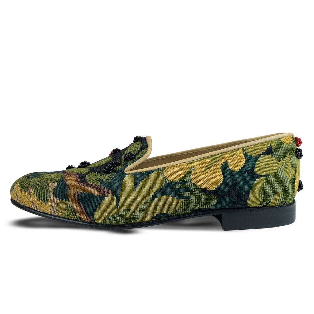Finely crafted Lee Paton Bespoke Couture Women's verdure tapestry British slipper, handmade in England. Classic and historic, beautifully finished using couture hand-embroidery techniques in Swarovski crystal pearls.