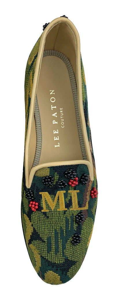Finely crafted Lee Paton Bespoke Couture Women's verdure tapestry British slipper, handmade in England. Classic and historic, beautifully finished using couture hand-embroidery techniques in Swarovski crystal pearls. Monogrammed slippers available.