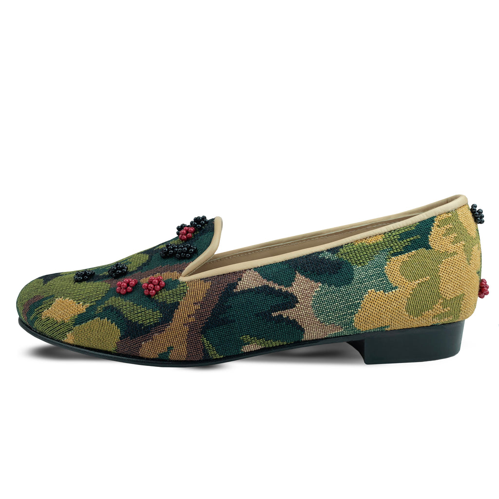 Finely crafted Lee Paton Bespoke Couture Women's verdure tapestry British slipper, handmade in England. Classic and historic, beautifully finished using couture hand-embroidery techniques in Swarovski crystal pearls.