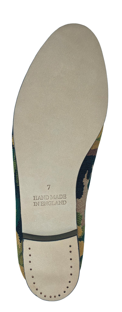 Finely crafted Lee Paton Bespoke Couture Women's verdure tapestry British slipper, handmade in England. Classic and historic, beautifully finished using couture hand-embroidery techniques in Swarovski crystal pearls.