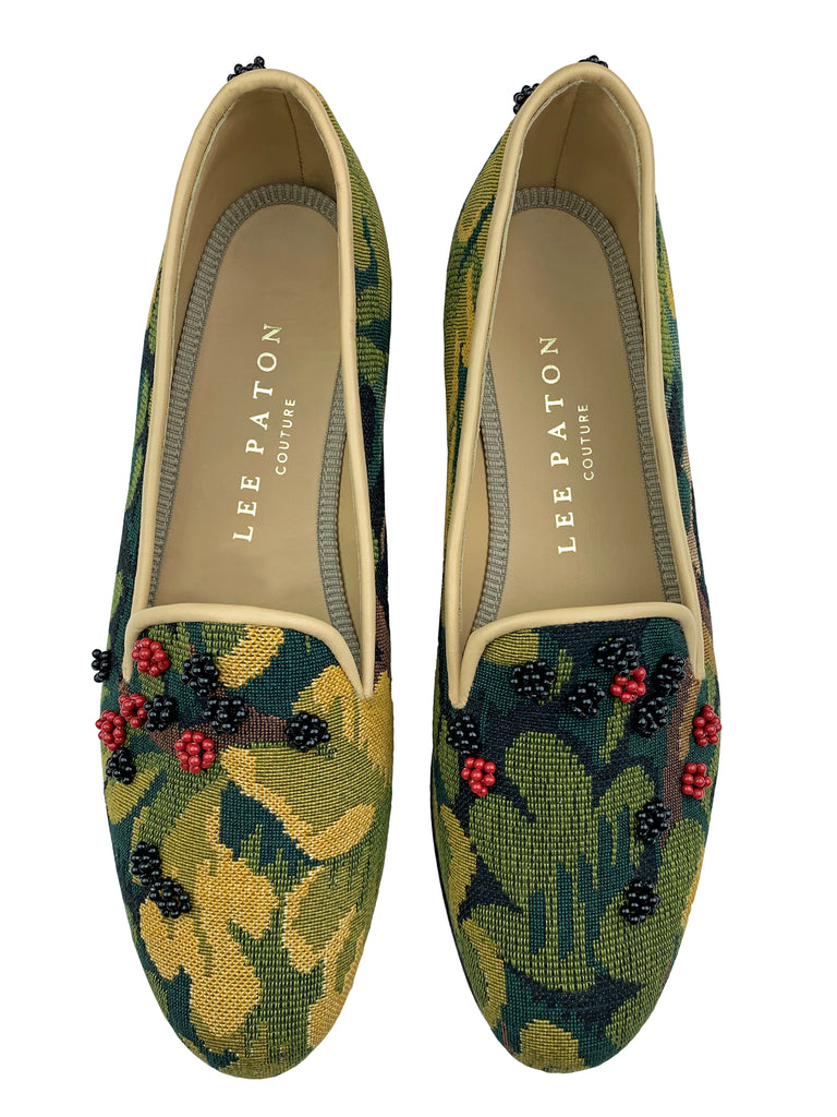 Finely crafted Lee Paton Bespoke Couture Women's verdure tapestry British slipper, handmade in England. Classic and historic, beautifully finished using couture hand-embroidery techniques in Swarovski crystal pearls.